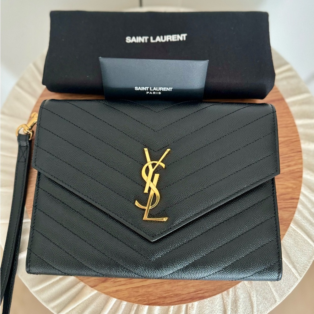 YSL Monogram Flap Clutch Bag in Grained Leather